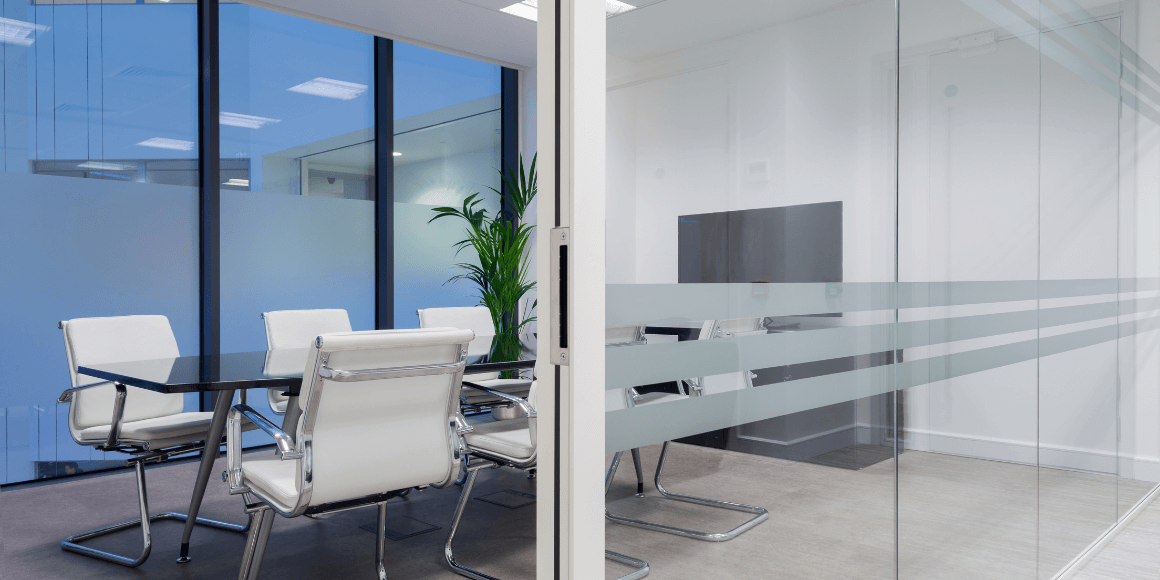 Meeting room with with frosted decorative window film